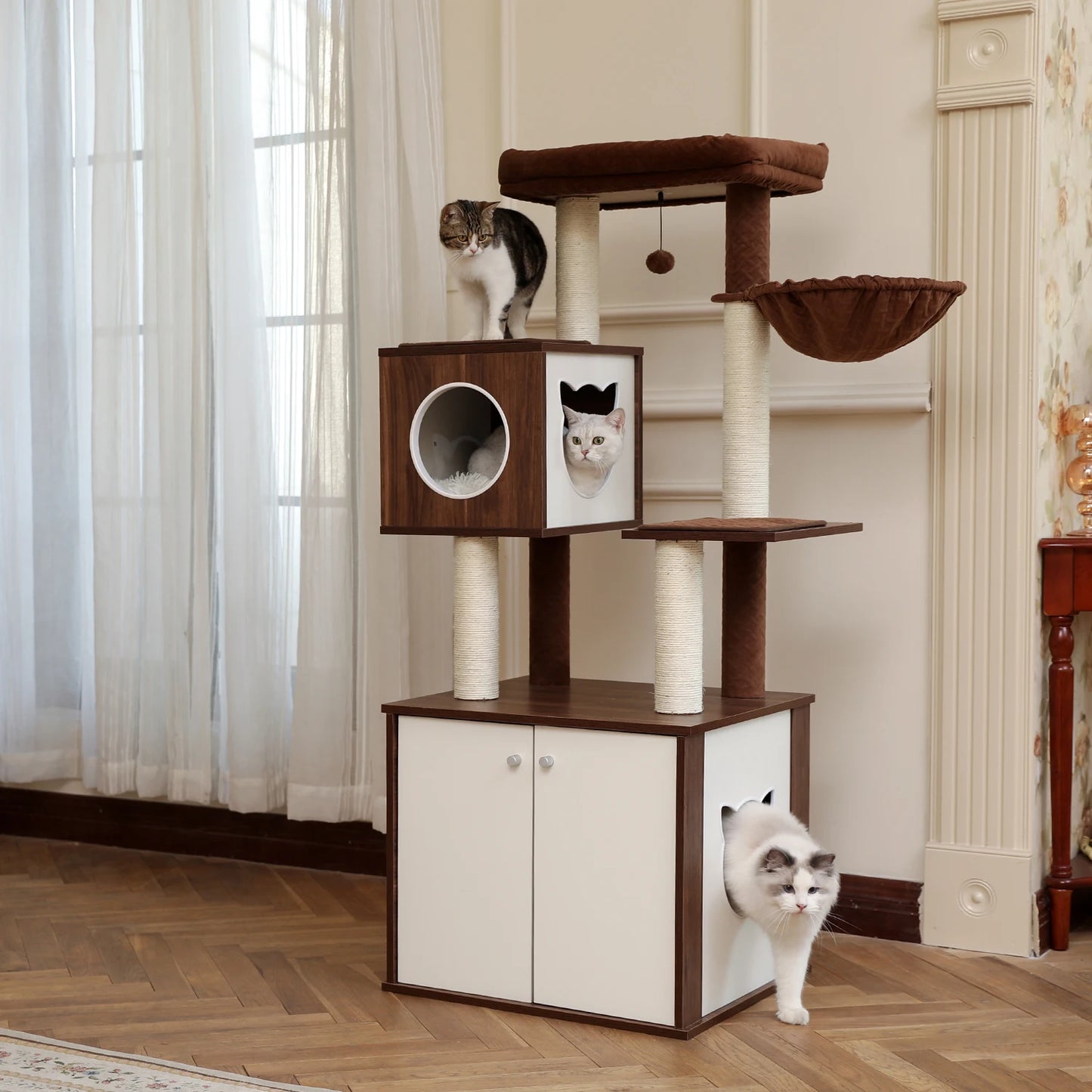 Wood Cat Scratcher Luxury Cat Tree Condo Kitten Nest Climbing Tower with Scratching Post Cat Toys Playing Platform House
