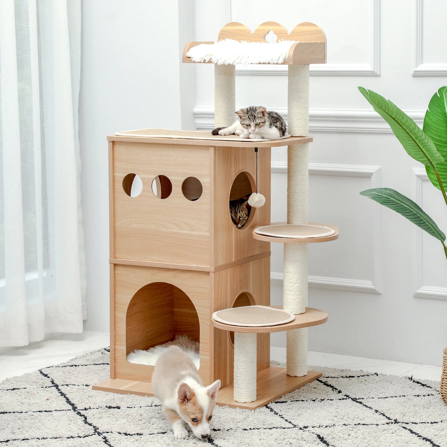 Wood Cat Scratcher Luxury Cat Tree Condo Kitten Nest Climbing Tower with Scratching Post Cat Toys Playing Platform House