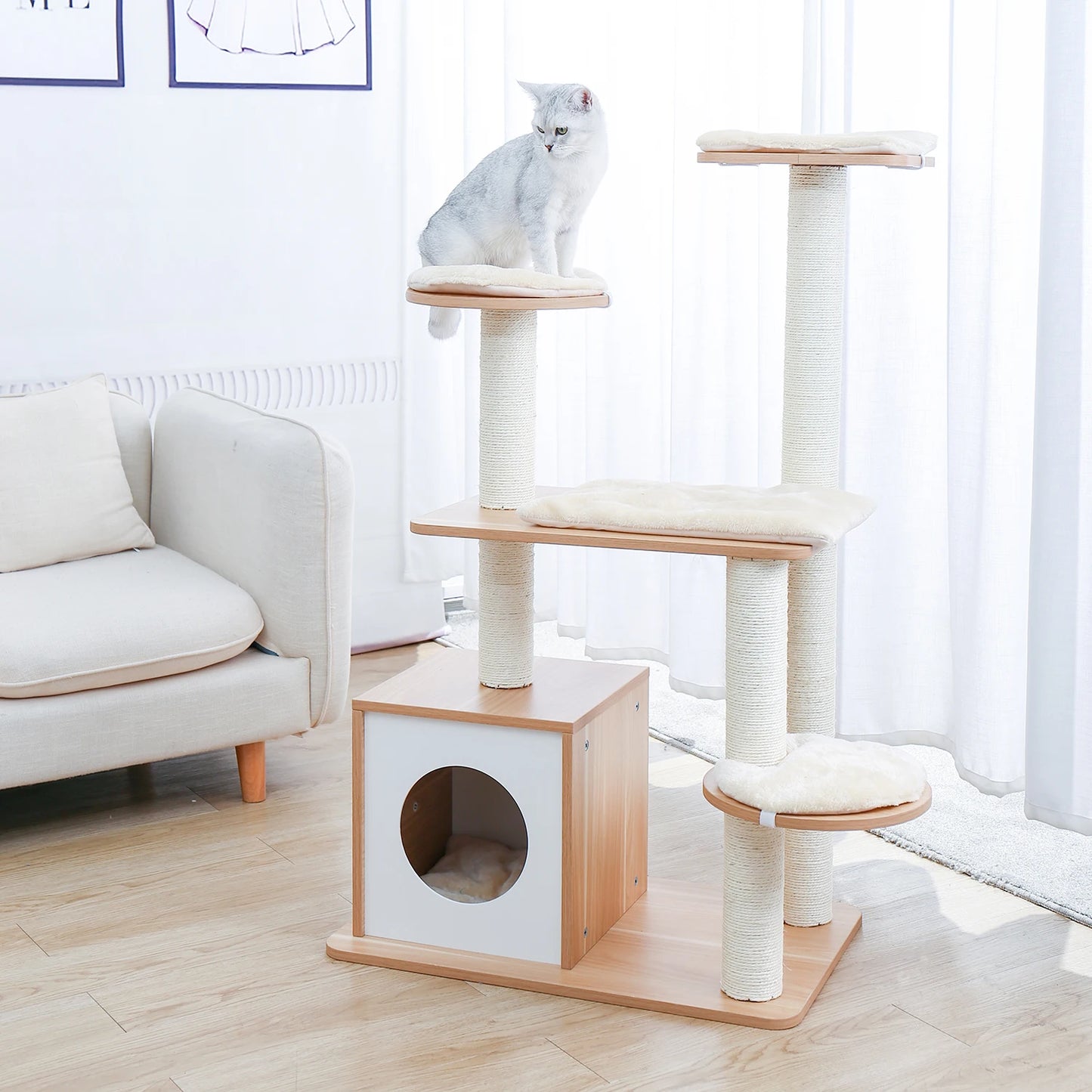 Wood Cat Scratcher Luxury Cat Tree Condo Kitten Nest Climbing Tower with Scratching Post Cat Toys Playing Platform House
