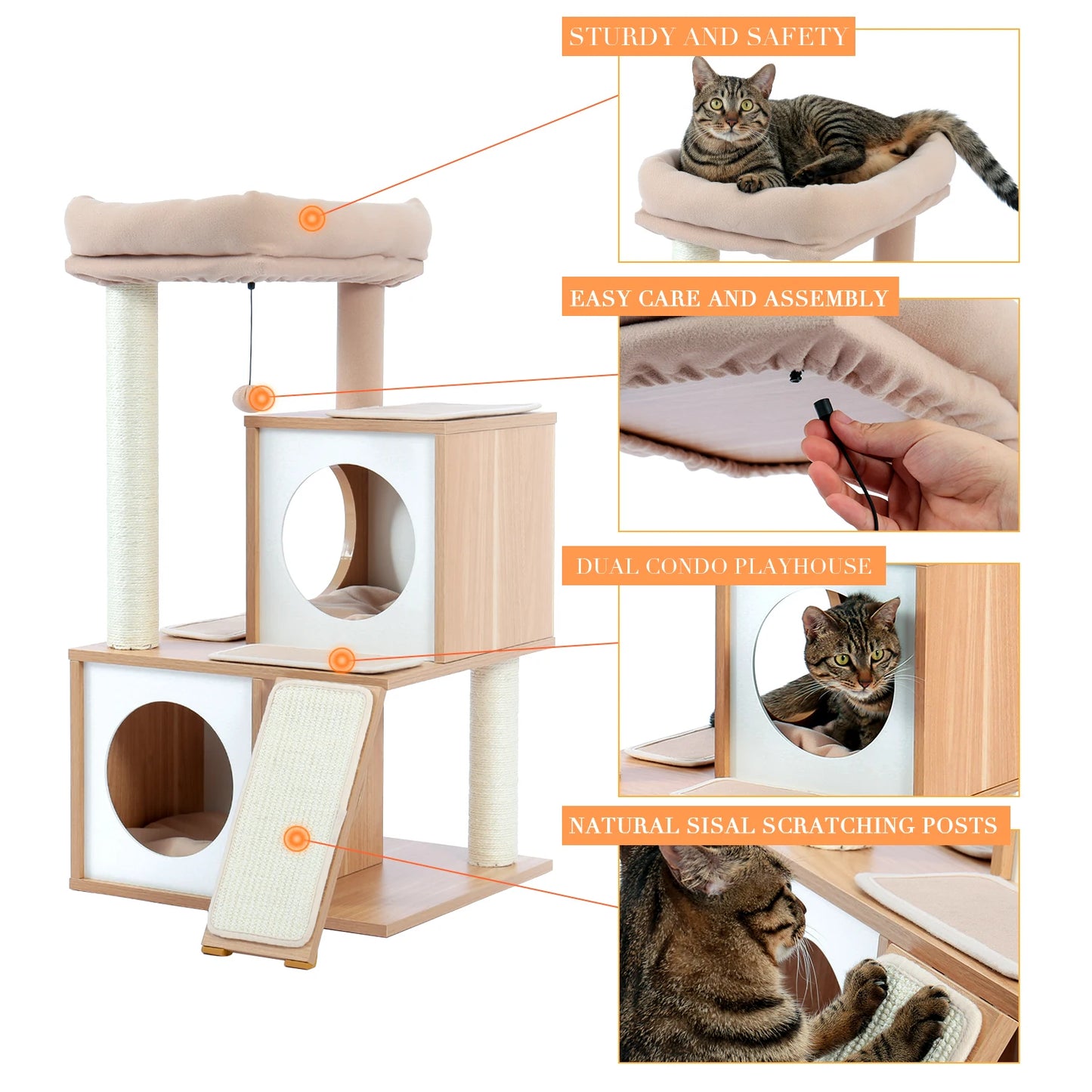 Wood Cat Scratcher Luxury Cat Tree Condo Kitten Nest Climbing Tower with Scratching Post Cat Toys Playing Platform House
