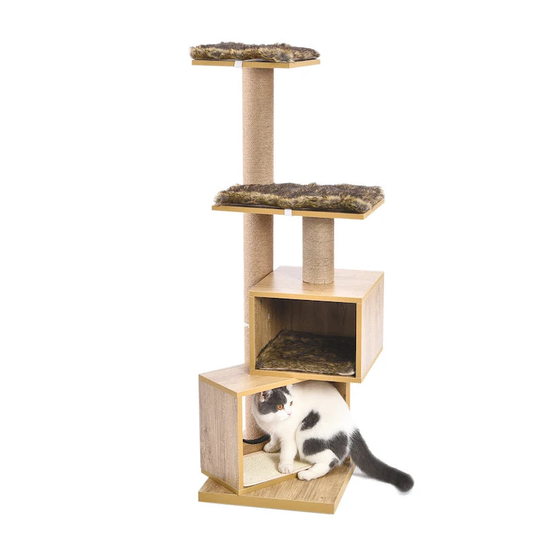 Wood Cat Scratcher Luxury Cat Tree Condo Kitten Nest Climbing Tower with Scratching Post Cat Toys Playing Platform House