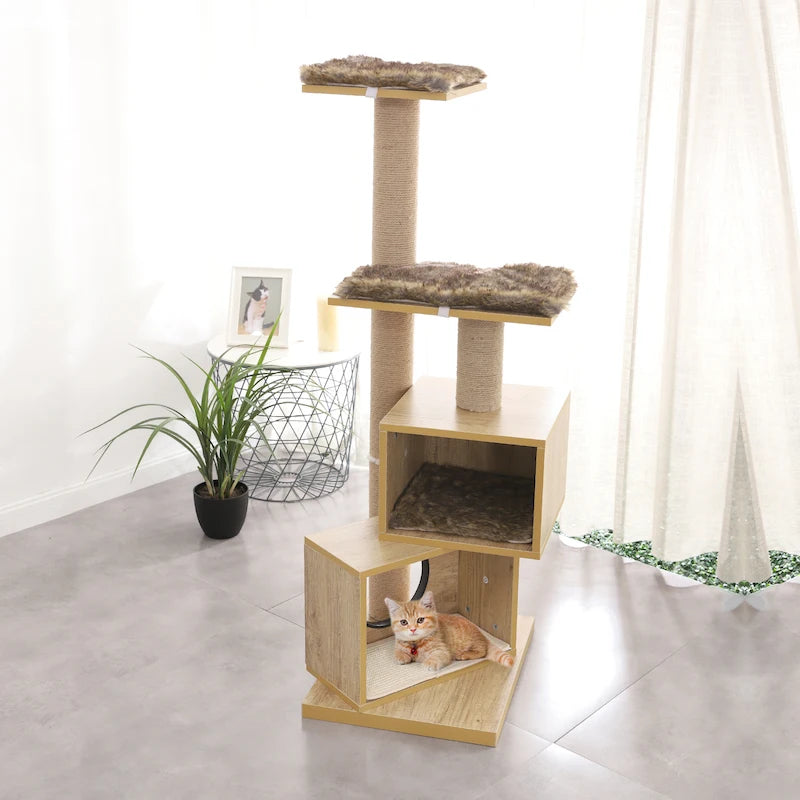 Wood Cat Scratcher Luxury Cat Tree Condo Kitten Nest Climbing Tower with Scratching Post Cat Toys Playing Platform House