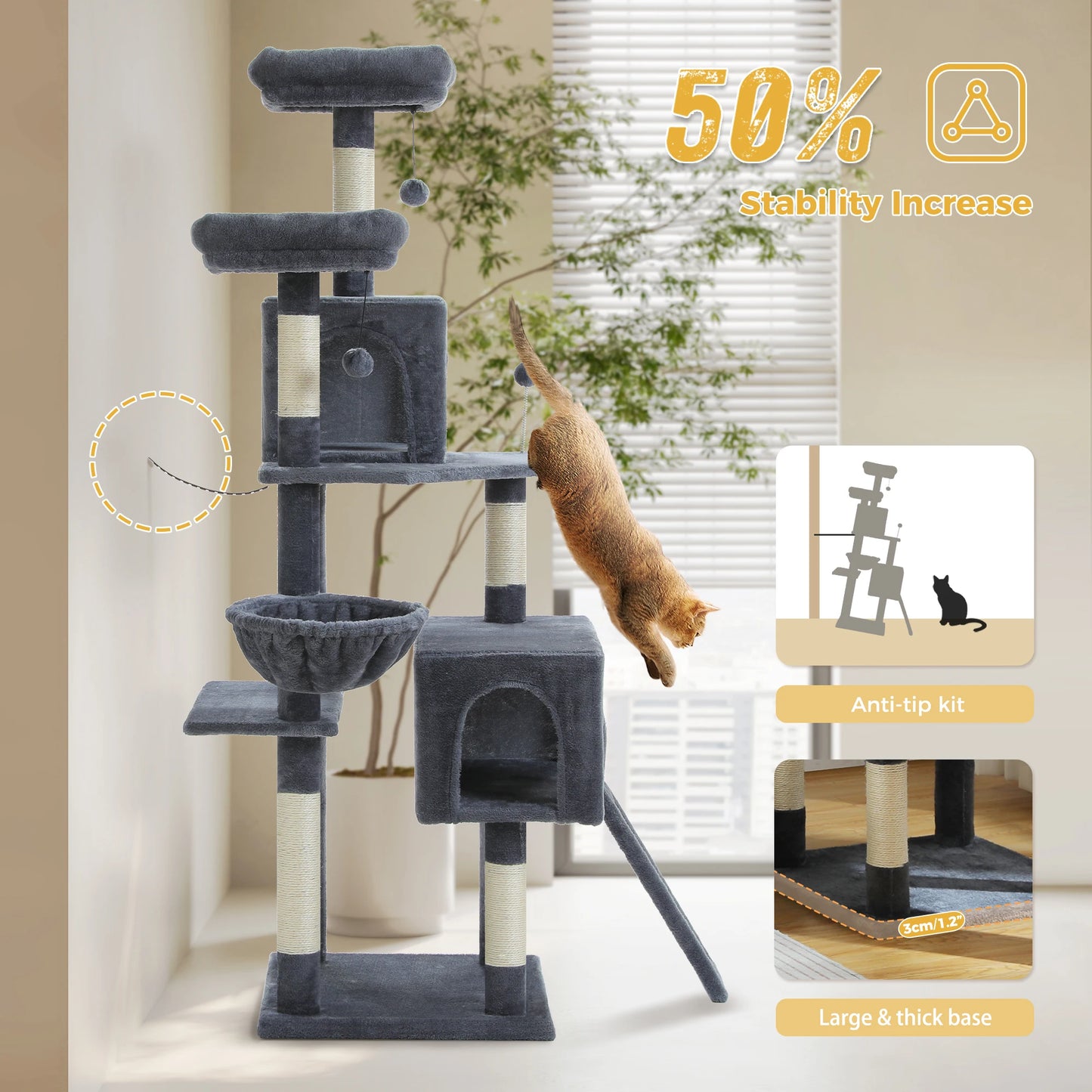 Multi-Level Cat Tree Tower with Sisal Scratching Post&Pad Cozy Hammock Luxury Large Cat Condo for Indoor Cat Toy Cat Accessories