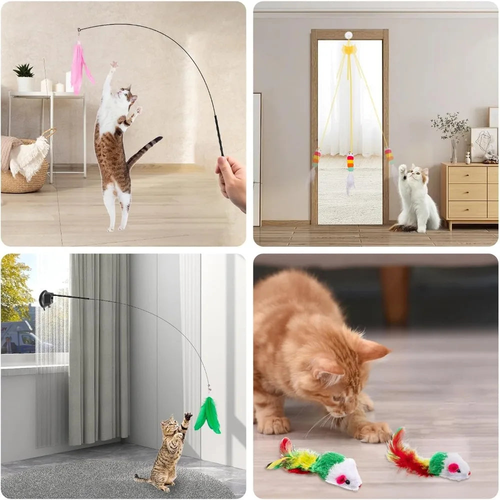 Depets Cat Wand Toy, 15 Pcs Interactive Cat Feather Toys for Indoor Self Play & Exercise, 2 Play Modes Kitten Teaser Wand, Reusa