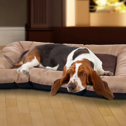 - 43x29 Pet Bed with Sherpa Sleep Surface, Memory Foam, Non-Skid Bottom, and Water-Resistant Nylon Neck Bolster Edging b