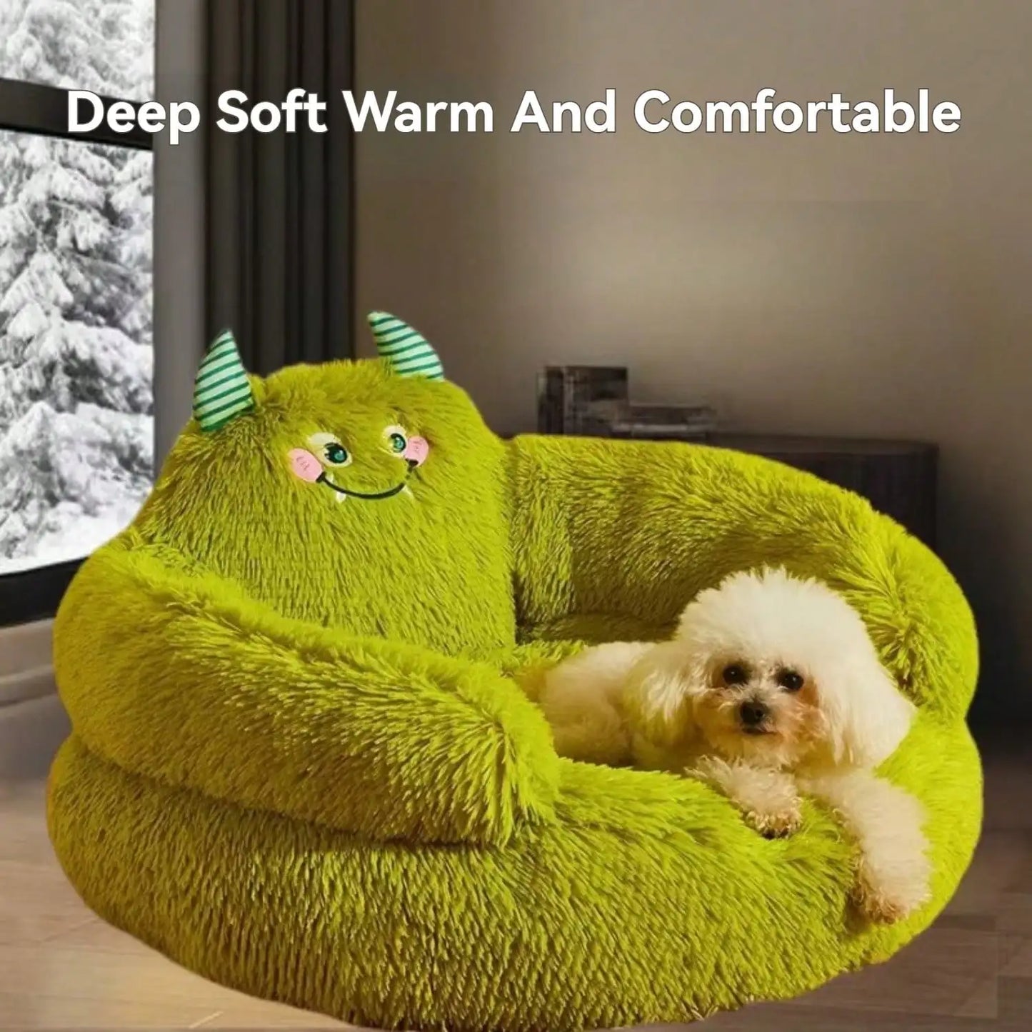 Calming Donut  Bed Green Plush Anti-Anxiety Dog & Cat Bed for Pets Soft Indoor Cuddler Bed Fluffy Plush with Non-Slip Bottom