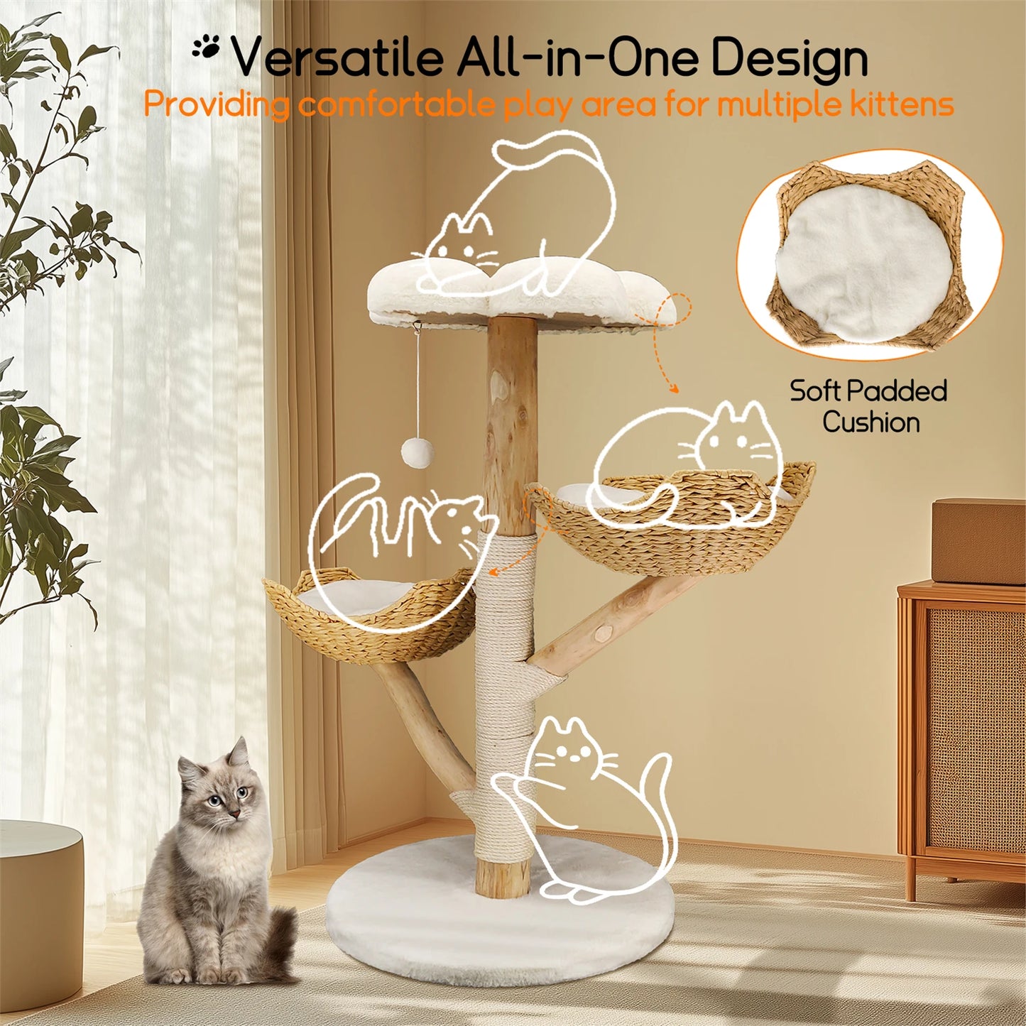 Modern Cat Tree Activity Tower with Plush Cushion and Toy Ball Sisal Scratching Post Kitten Condo Play House for Indoor