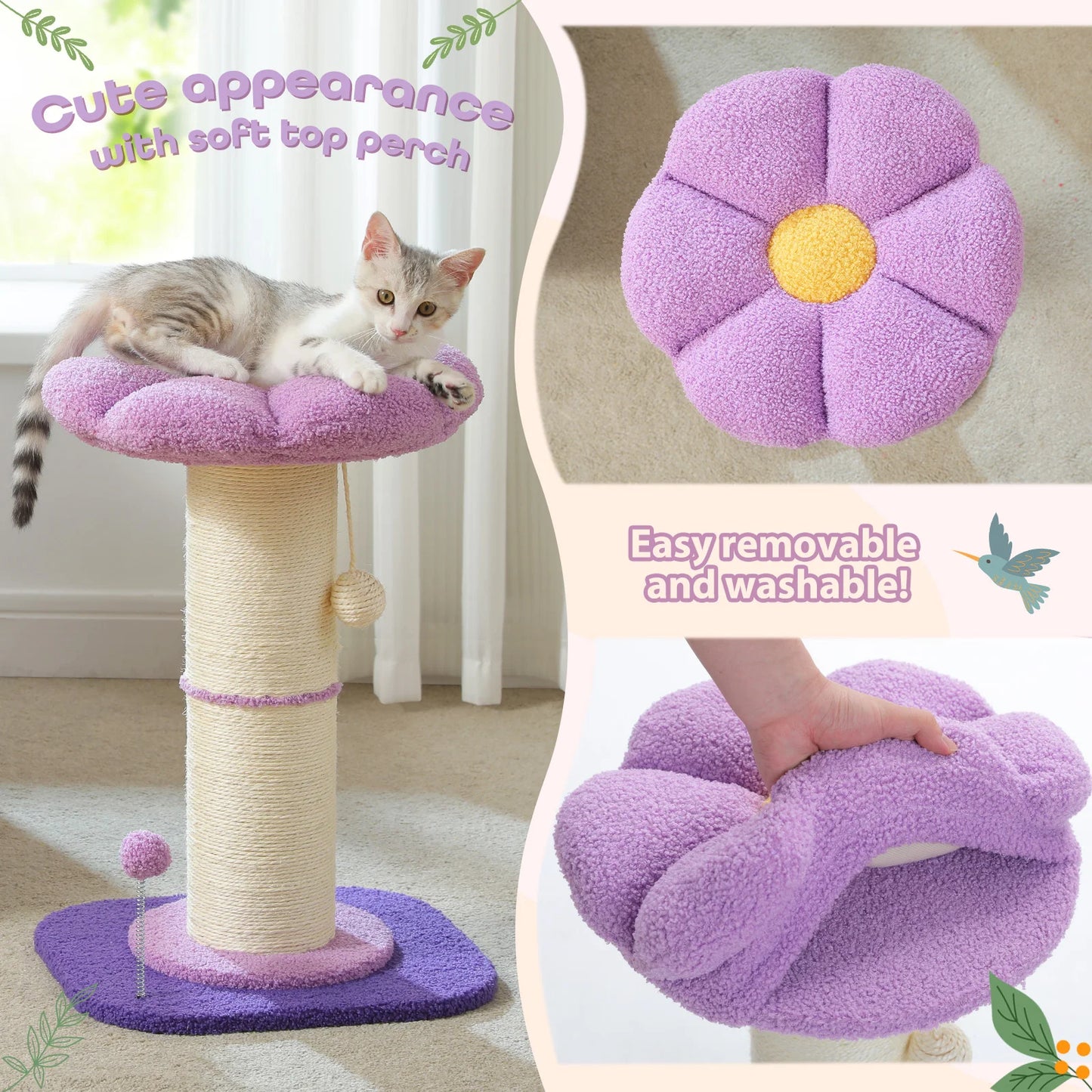 Flower Cat Scratching Post Small Cat Tree Tower Cat Scratcher for Indoor Cats with Super Thick Scratching Post Removable Cat Bed