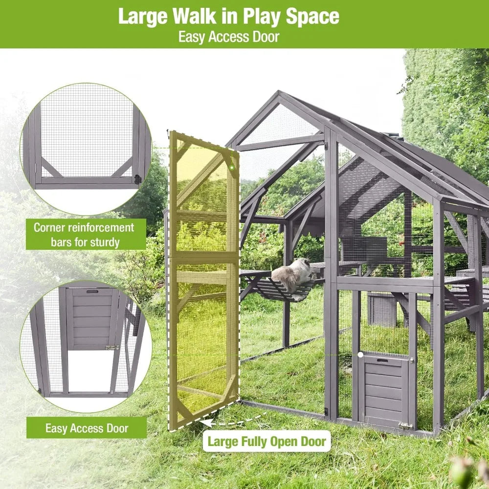 Large Cat Run Wooedn Cat Houses Outdoor Enclosure, Catio Cat Cage Kitten Condo-Backyard Run Cage for Pets, Weather Proof Cover-