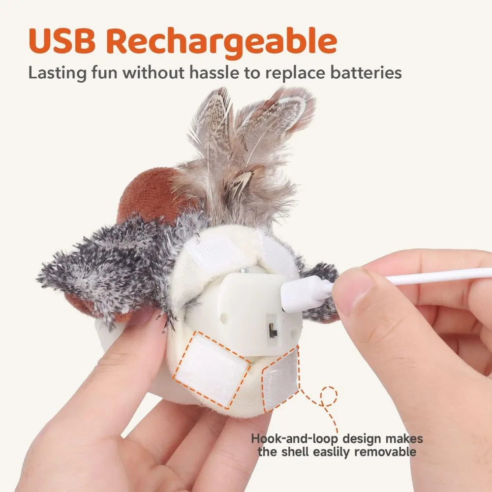 Potaroma Cat Toys Rechargeable Flapping Bird Sparrow, Lifelike Chirp Tweet, Touch Activated Kitten Toy Interactive Cat Exercise