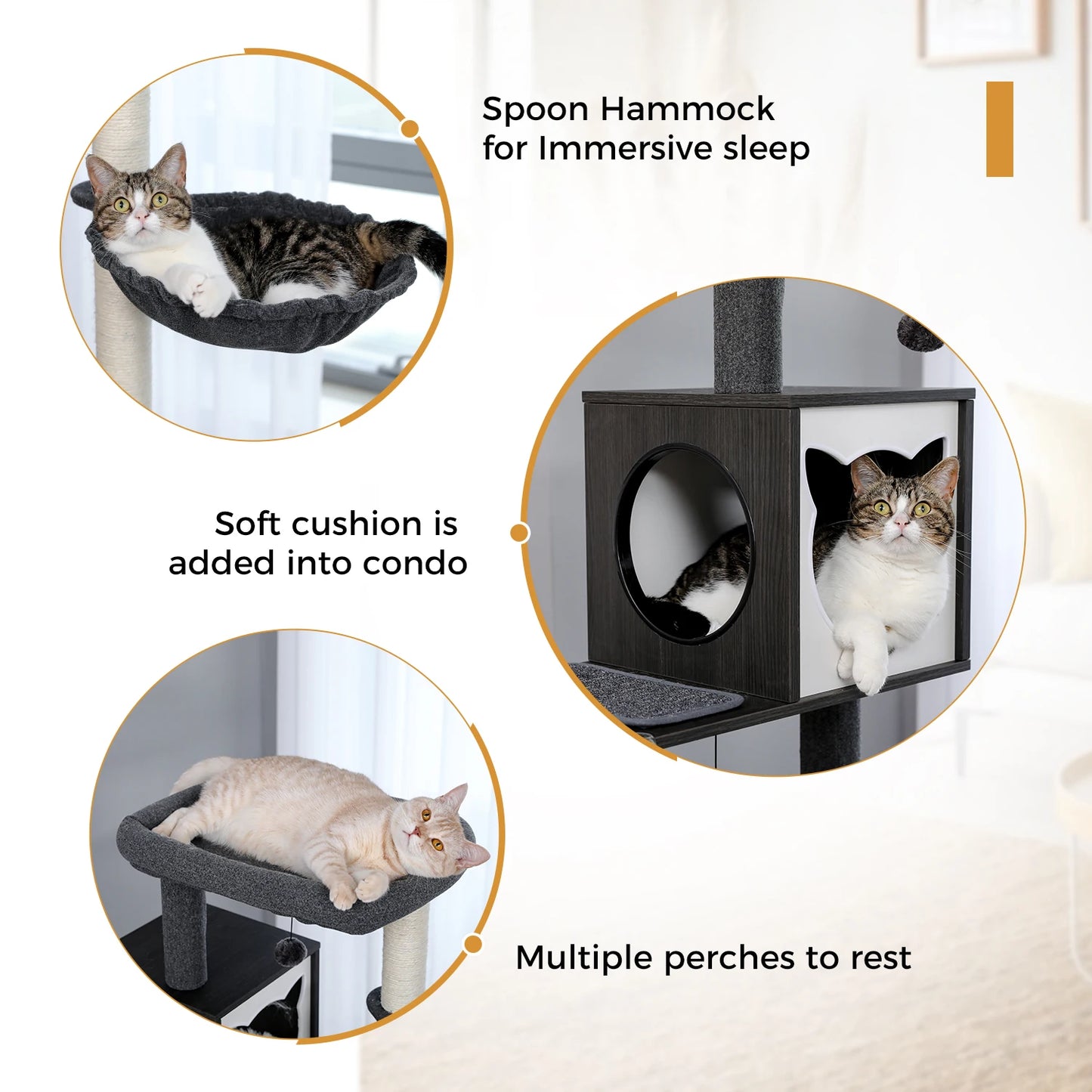 Wood Cat Tree with Storage Cabinet Sisal Scratching Post Cozy Cat Condo Soft Hammock Large Cat Tower for Indoor Cat Accessories