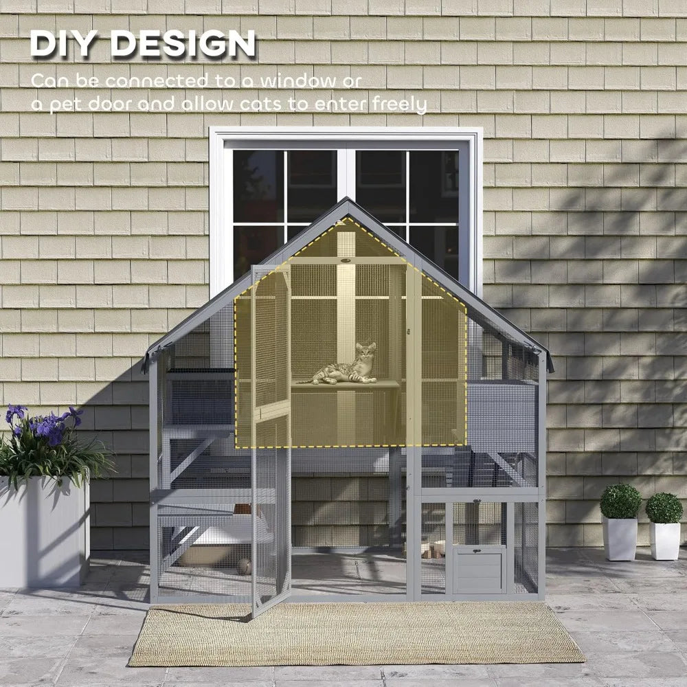 Large Catio Outdoor Cat Enclosure for Multiple Kittens, Wooden Cat House with Waterproof Cover, Walk in Kitty Cage Kennel with