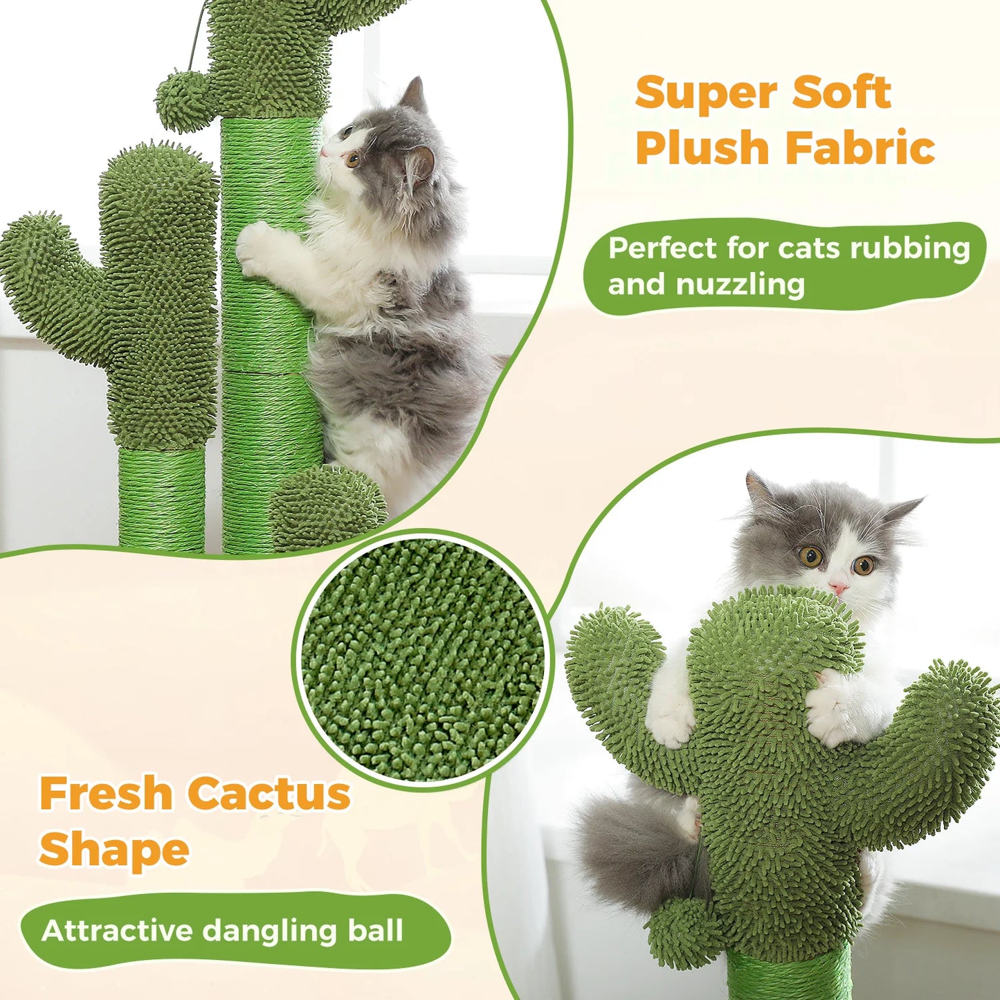 Cactus Cat Scratching Post Indoor Tall Cat Scratcher with 3 Scratching Poles Interactive Dangling Ball Cat Toys Cat Accessories