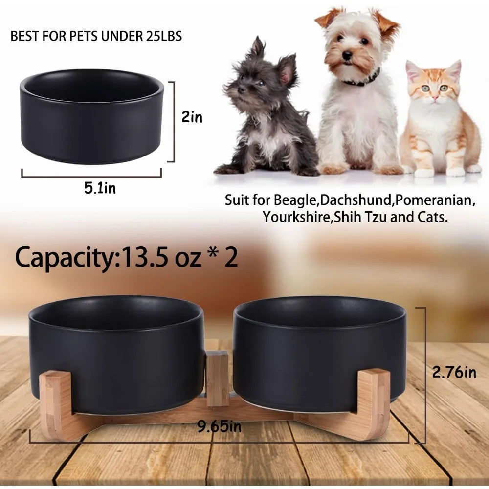 Ceramic Dog Cat Bowls Set with Stand,Black Pet Food and Water Bowl,Small Dog Bowls Cute Modern Anti Slip Set of 2 Pet Feeder Sm