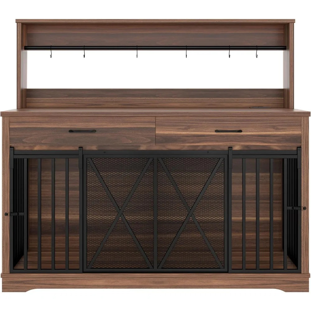 55.1" Dog Crate Furniture Heavy Duty Dog Cage with 2 Storage Drawers and Shelves TV Stand Side End Table Divider Locks for 2 Do