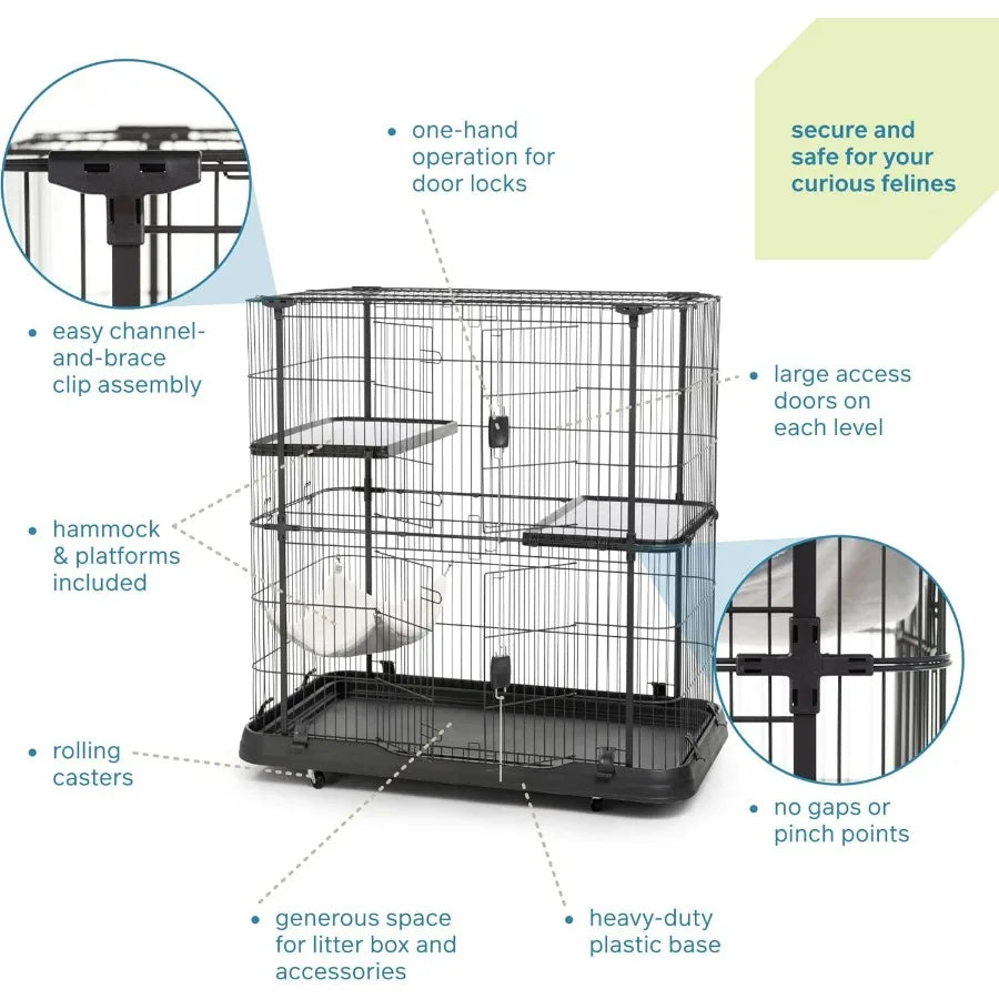 Prevue Pet Products Deluxe Cat Home with 3 Levels Metal and Plastic Crate Kennel Home for Cats and Kittens MultiLevel Cage Blac