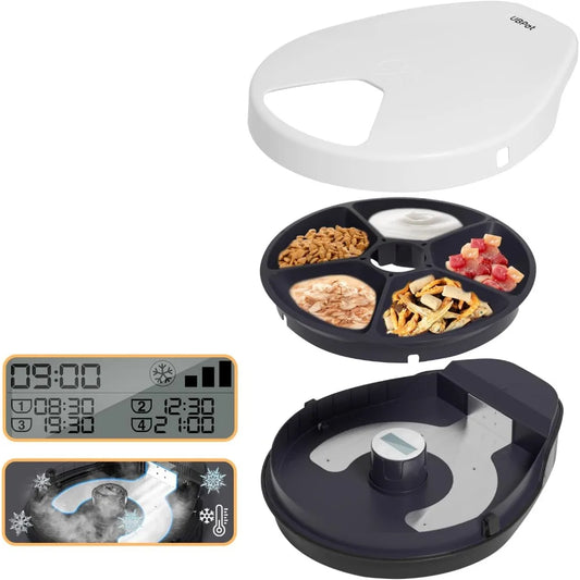 Cat Wet Food Automatic Feeder with Cooling, Semiconductor Refrigeration, with Timer, 5 Food Compartments for 330g Pet Food Each