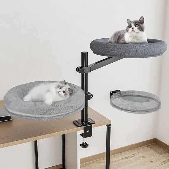 Double Cat Desk Bed, 360° Rotating Elevated Desk Cat Bed, Adjustable Raised Desk Kitten Bed Up to 80 LBS, Washable Soft Fabric P