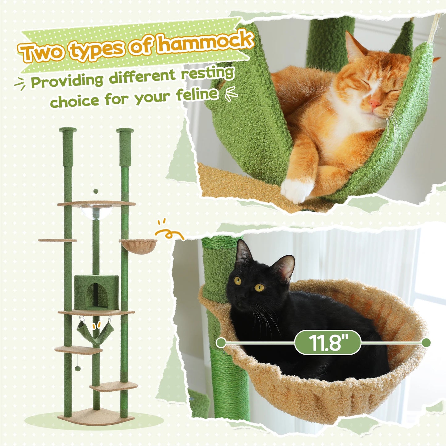 Adjustable Height Tall Cat Tree with Sisal Scratching Posts Spacious Condo Large Hammock Multi-Level Cat Tower Cat Accessories