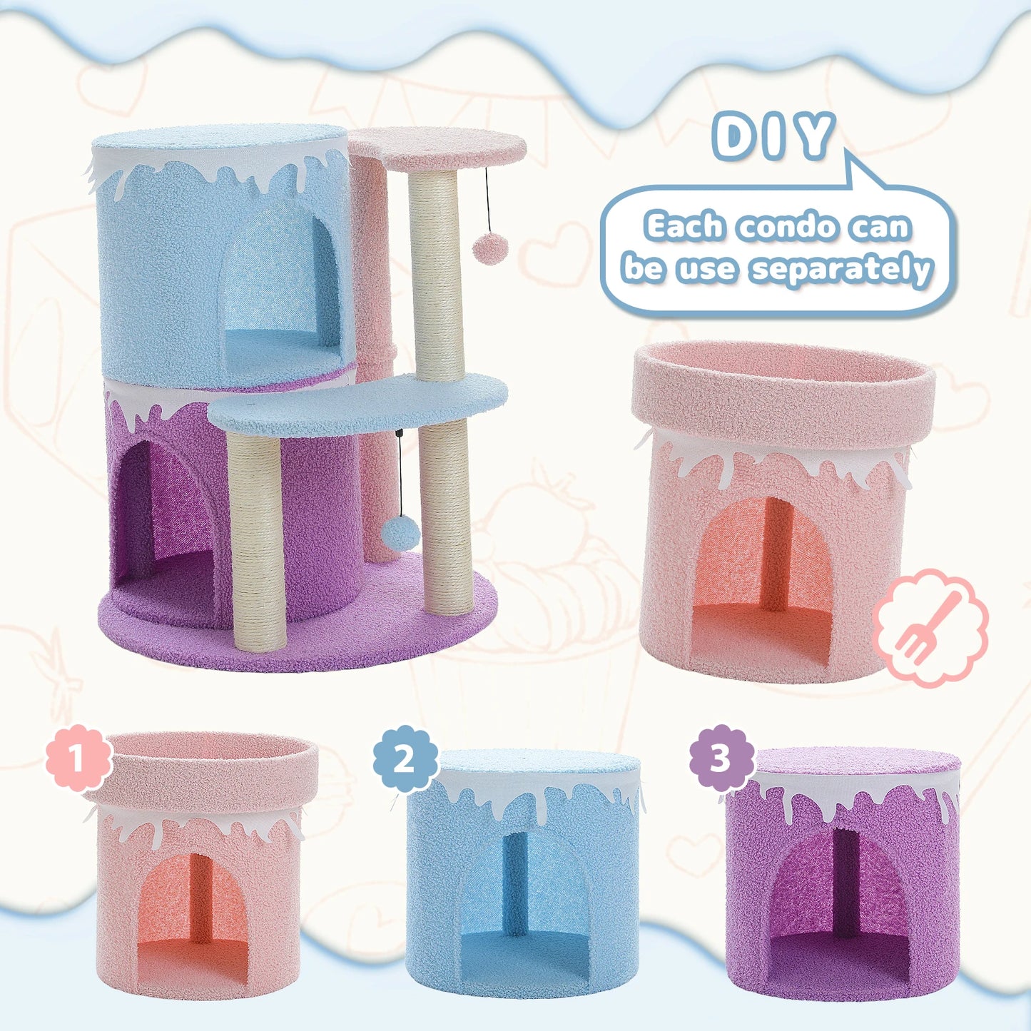 Multi-Level Cat Bed Cat House, Large Cat Condos for Indoor, Cute Cat Tree Tower with Sisal Scratching Posts, Pompoms, Kitten Toy
