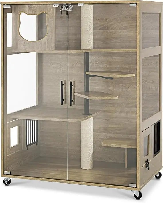 Luxury Wooden Cat Condo with Scratching Posts, Large Indoor Kitten Enclosure featuring Lockable Wheels and Emergency Exit