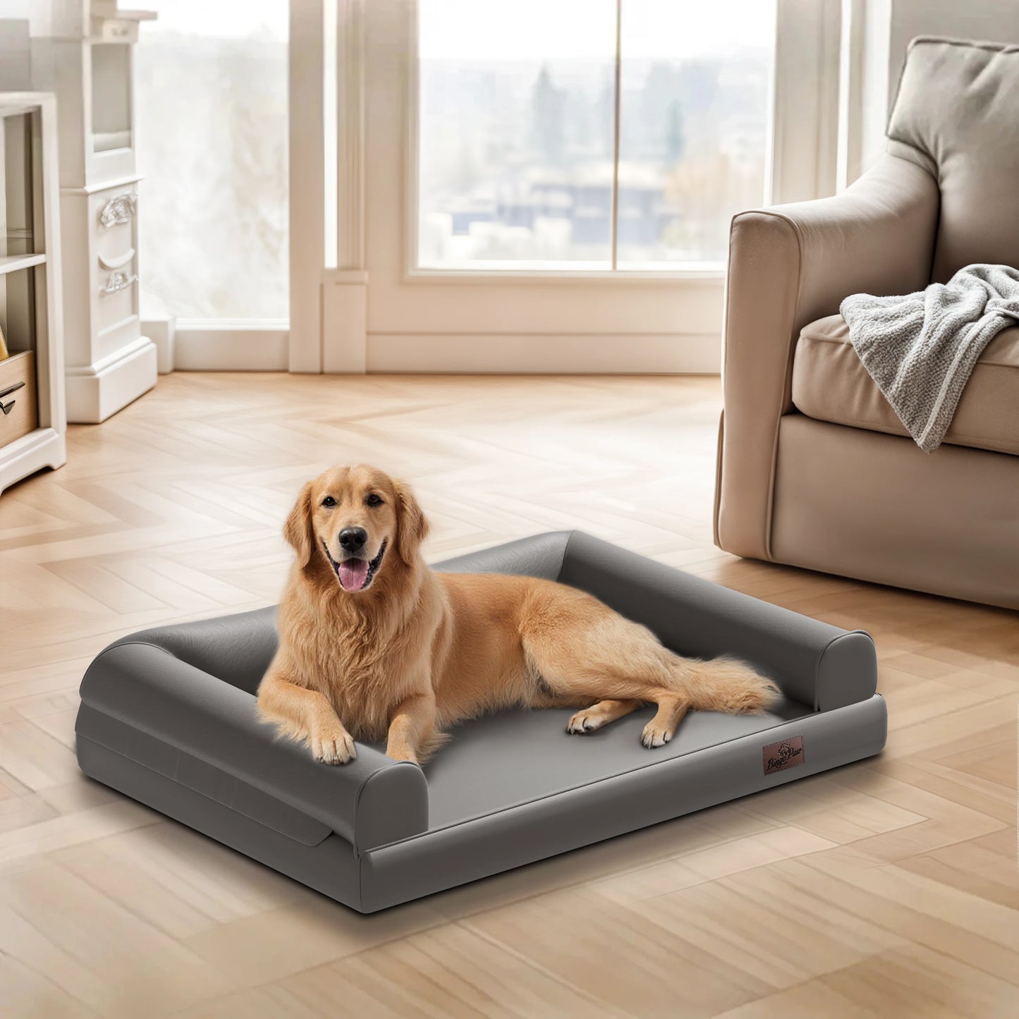 M-XXL Orthopedic Dog Bed Bolster Microfiber Leather Pet Dog Sofa Waterproof Couch Calming Bed with Removable Cover Easy Clean