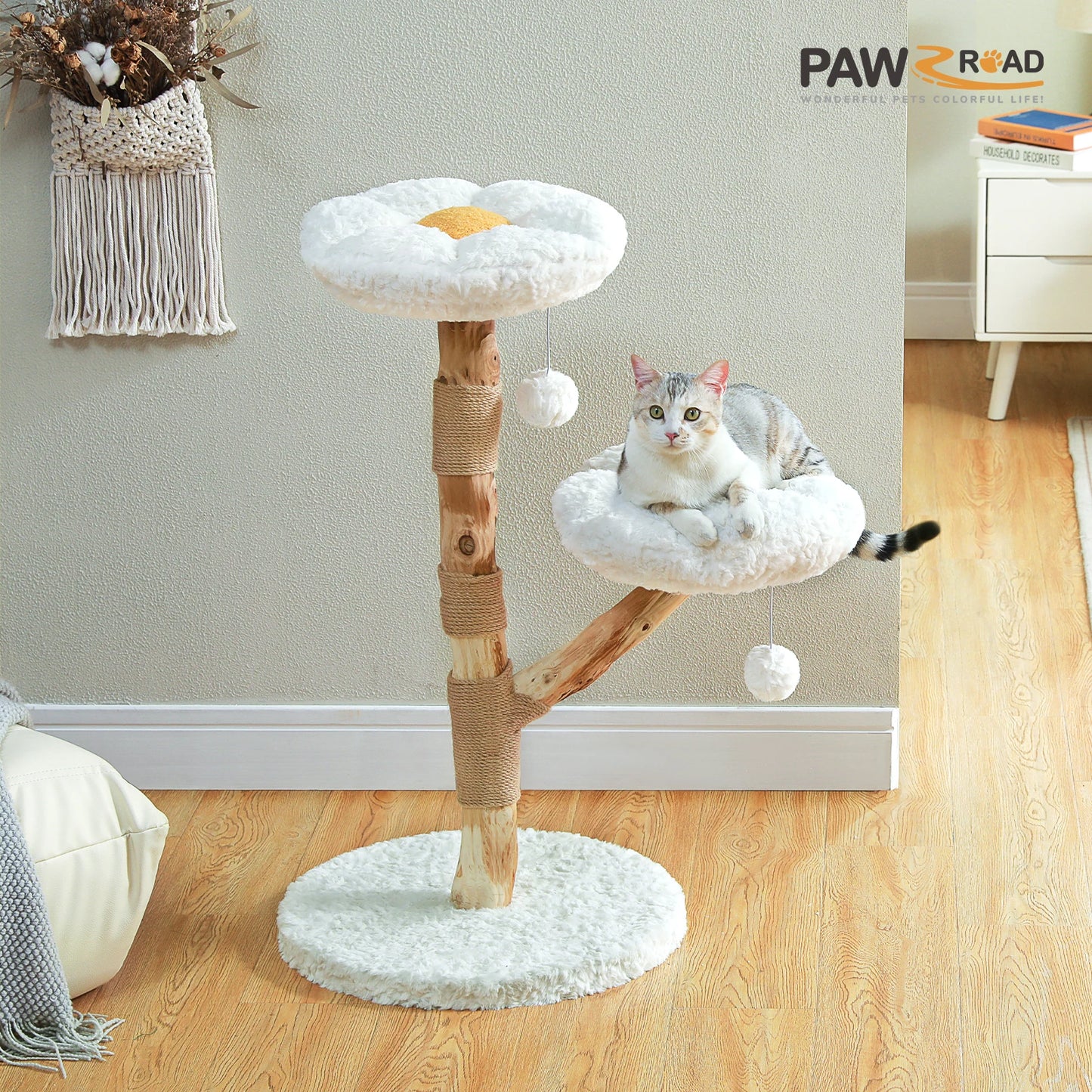 Flower Cat Tree for Indoor Cats Modern Wood Cat Tower with 2 Perches Sisal Scratching Post Scraper for Cat Accessories Cat Toys