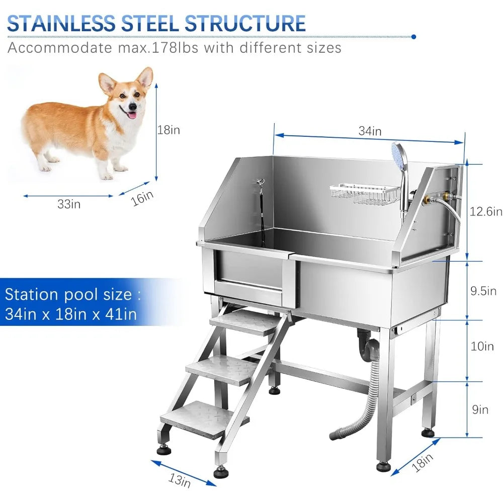 34'' Dog Washing Station for Small Dogs Grooming Tub Bathing Station Professional Pet Wash Station Bathtub for Home with Sliding