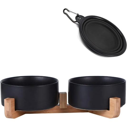 Ceramic Dog Cat Bowls Set with Stand,Black Pet Food and Water Bowl,Small Dog Bowls Cute Modern Anti Slip Set of 2 Pet Feeder Sm