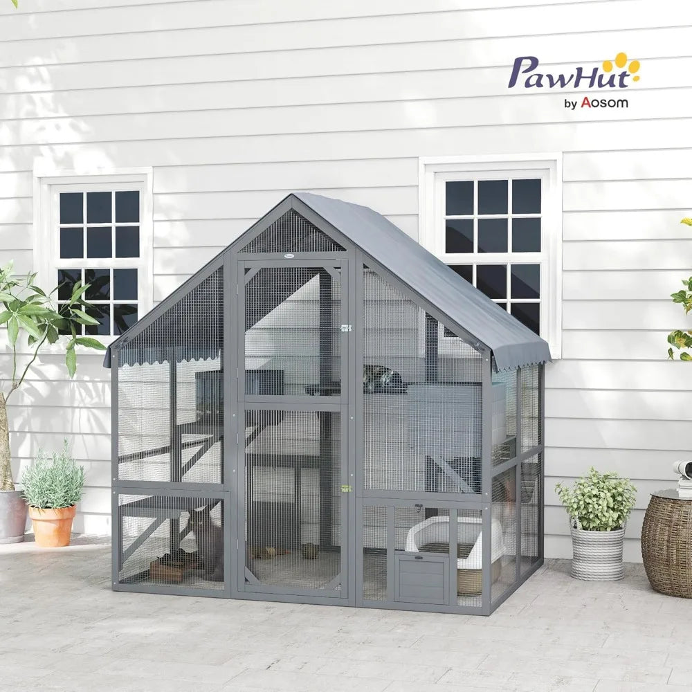 Large Catio Outdoor Cat Enclosure for Multiple Kittens, Wooden Cat House with Waterproof Cover, Walk in Kitty Cage Kennel with