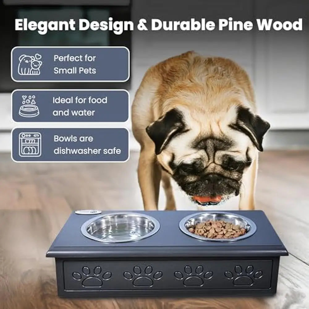 Wooden Pet Double Diner Stainless Steel Bowls Dogs Cats Charcoal Gray Small Solid Pine Premium Look Rust & Odor Resistant Easy