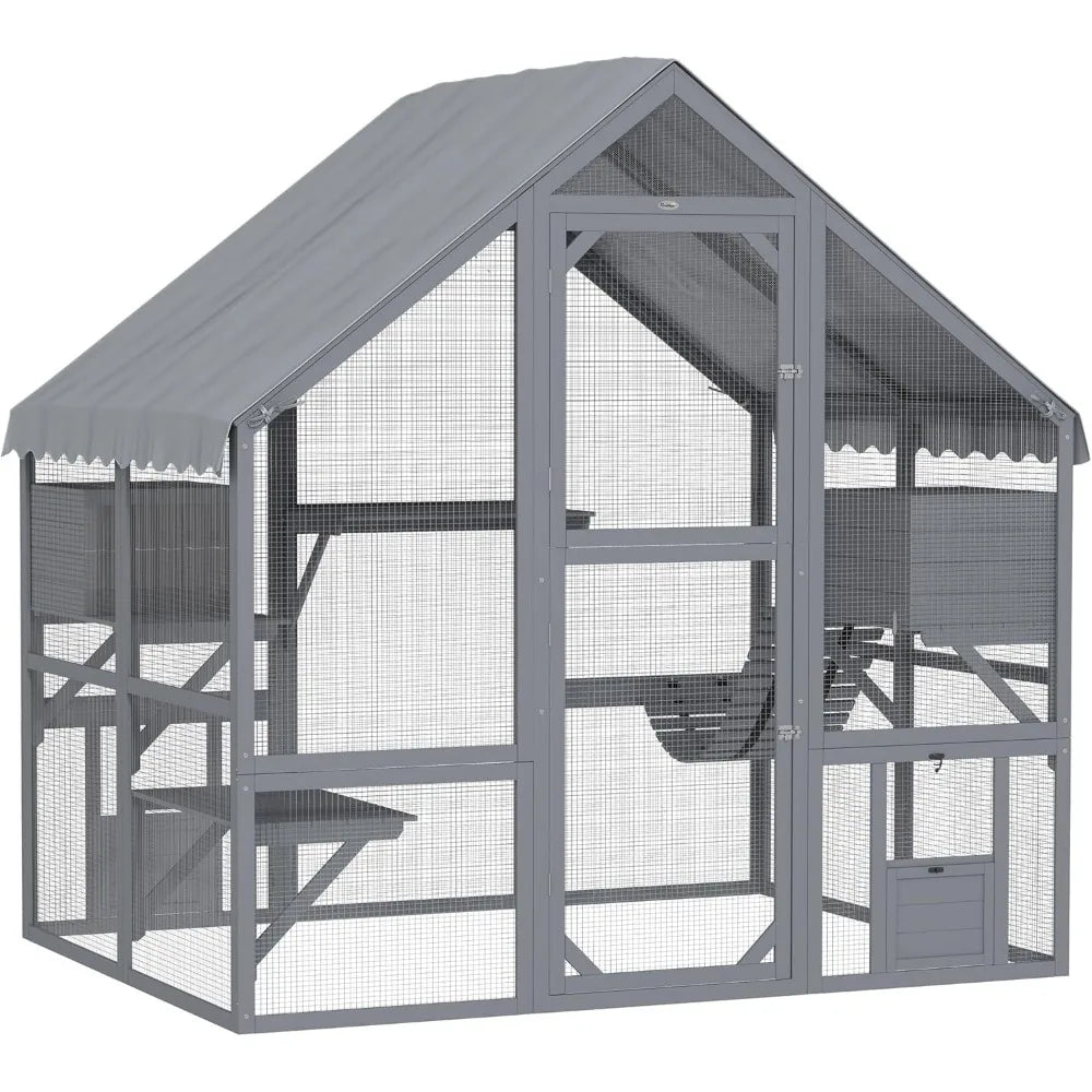 Large Catio Outdoor Cat Enclosure for Multiple Kittens, Wooden Cat House with Waterproof Cover, Walk in Kitty Cage Kennel with
