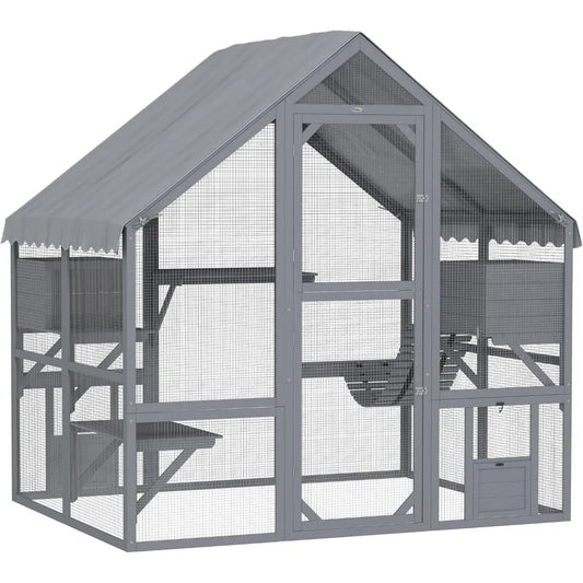 Large Catio Outdoor Cat Enclosure for Multiple Kittens, Wooden Cat House with Waterproof Cover, Walk in Kitty Cage Kennel with