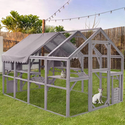 Large Cat Run Wooedn Cat Houses Outdoor Enclosure, Catio Cat Cage Kitten Condo-Backyard Run Cage for Pets, Weather Proof Cover-
