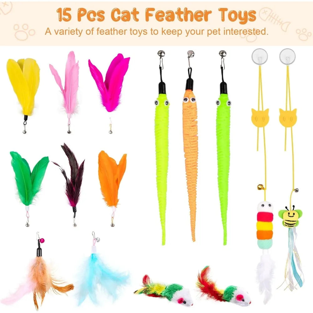 Depets Cat Wand Toy, 15 Pcs Interactive Cat Feather Toys for Indoor Self Play & Exercise, 2 Play Modes Kitten Teaser Wand, Reusa