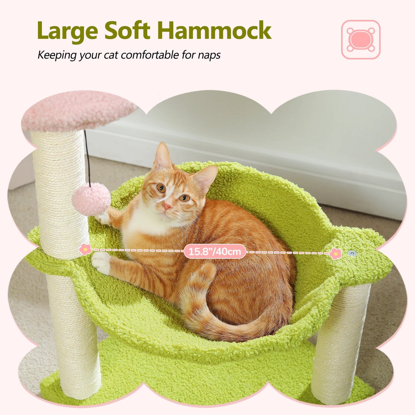 Flower Cat Tree with Sisal Scratching Post Large Hammock Soft Top Perch Small Cat Tower for Indoor Cute Cat Scratcher Kitten Toy