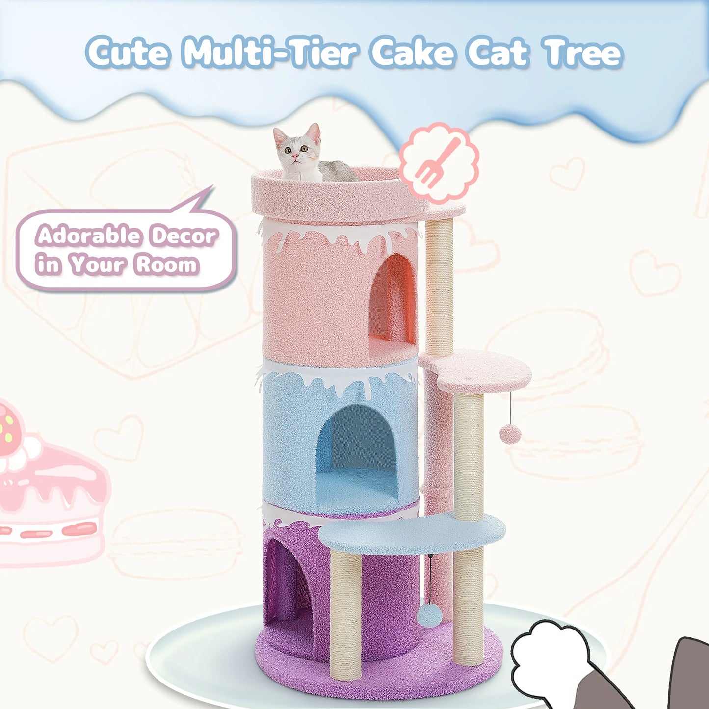 Multi-Level Cat Bed Cat House, Large Cat Condos for Indoor, Cute Cat Tree Tower with Sisal Scratching Posts, Pompoms, Kitten Toy
