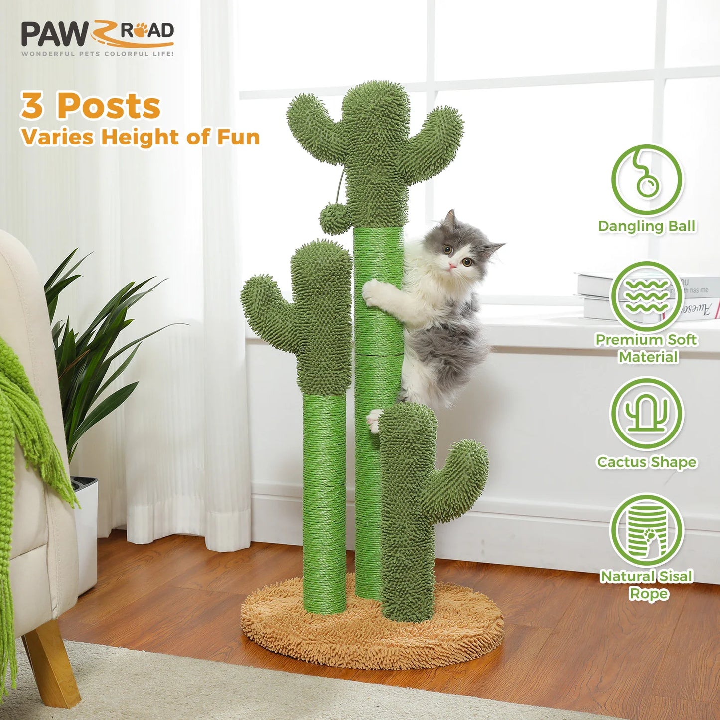 Cactus Cat Scratching Post Indoor Tall Cat Scratcher with 3 Scratching Poles Interactive Dangling Ball Cat Toys Cat Accessories