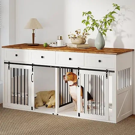 71" Double Dog Crate Furniture, Large Wooden Dog Kennel Furniture with 2 Drawers, Divider and Sliding Door, Indoor Dog House TV