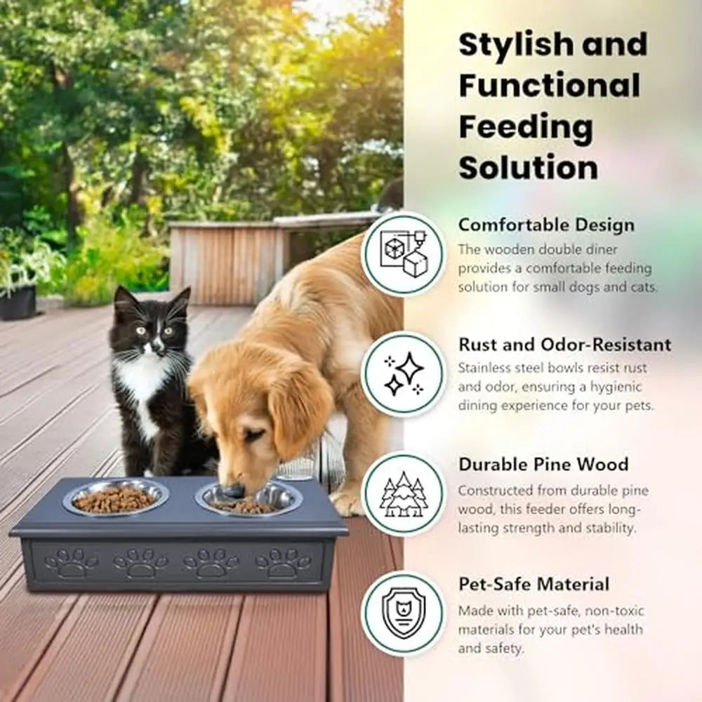 Wooden Pet Double Diner Stainless Steel Bowls Dogs Cats Charcoal Gray Small Solid Pine Premium Look Rust & Odor Resistant Easy