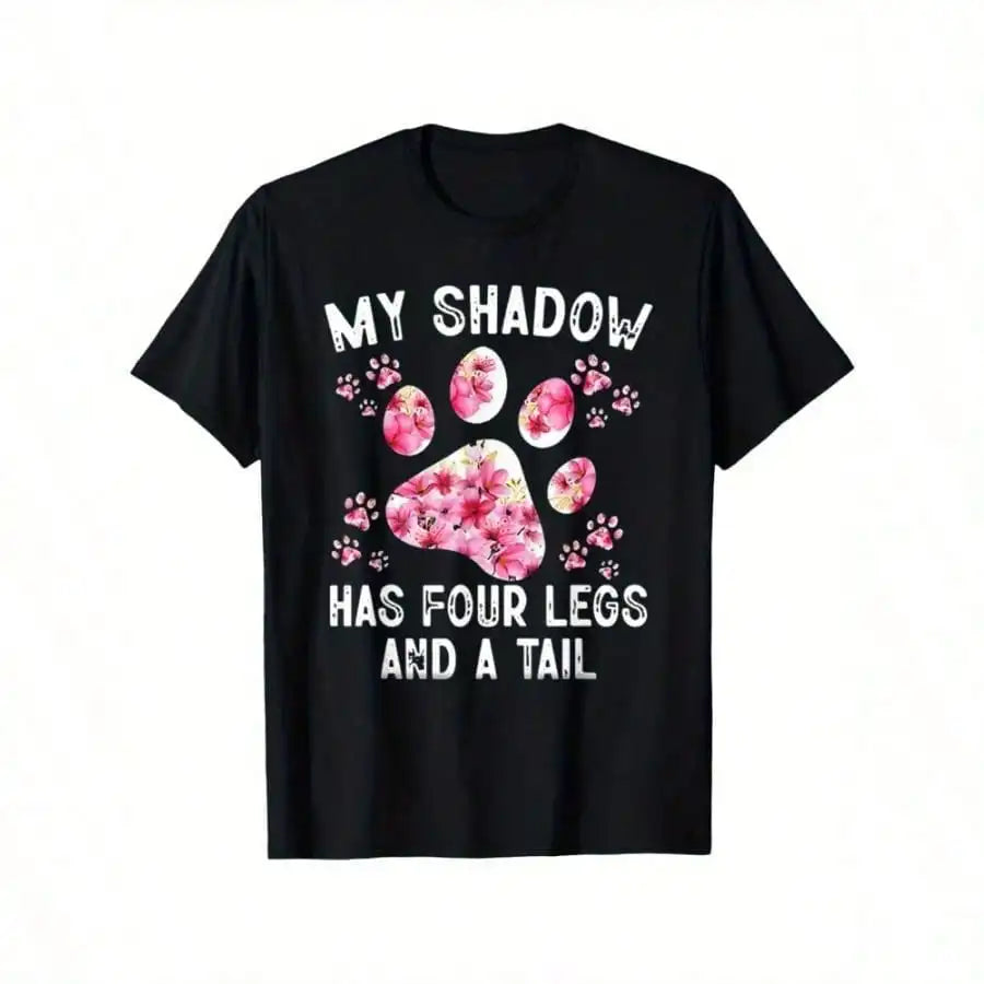 Men's Casual Cotton T-Shirt with "My Shadow Has Four Legs & Tail" Dog Paw Print Slogan - Black with Pink Floral Design,