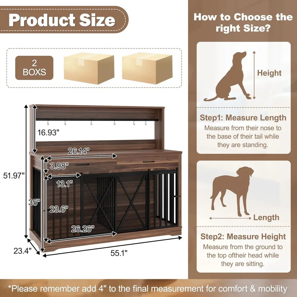 55.1" Dog Crate Furniture Heavy Duty Dog Cage with 2 Storage Drawers and Shelves TV Stand Side End Table Divider Locks for 2 Do
