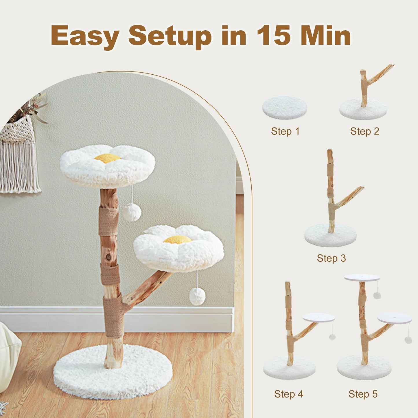 Flower Cat Tree for Indoor Cats Modern Wood Cat Tower with 2 Perches Sisal Scratching Post Scraper for Cat Accessories Cat Toys