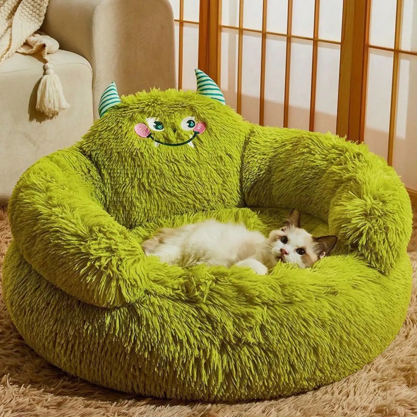 Calming Donut  Bed Green Plush Anti-Anxiety Dog & Cat Bed for Pets Soft Indoor Cuddler Bed Fluffy Plush with Non-Slip Bottom
