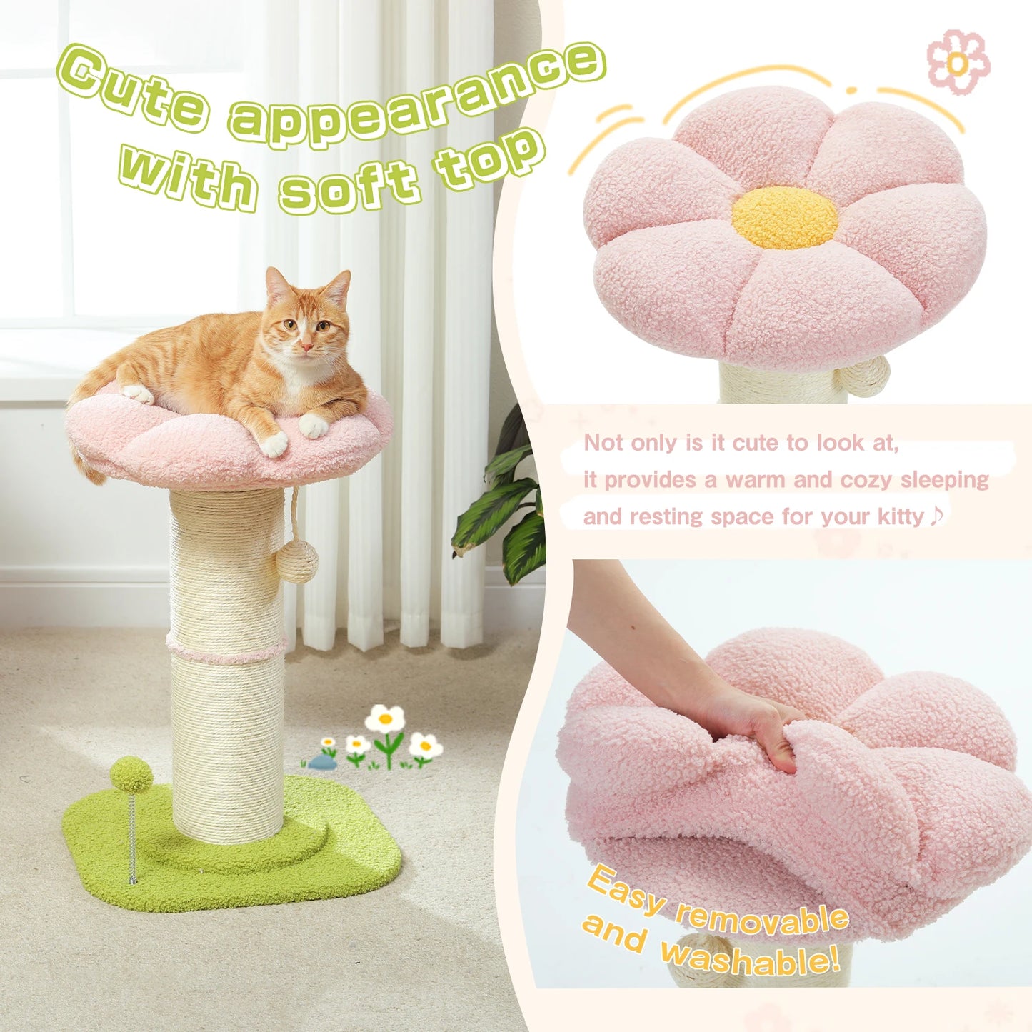 Flower Cat Scratching Post Small Cat Tree Tower Cat Scratcher for Indoor Cats with Super Thick Scratching Post Removable Cat Bed