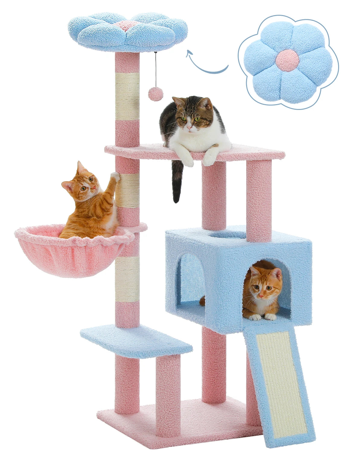 Flower Cat Tree, Multi-Level Cat Tower with Sisal Scratching Posts, Hammock, Ramp, Top Perch, Cat Condo for Indoor, Kitten Toys