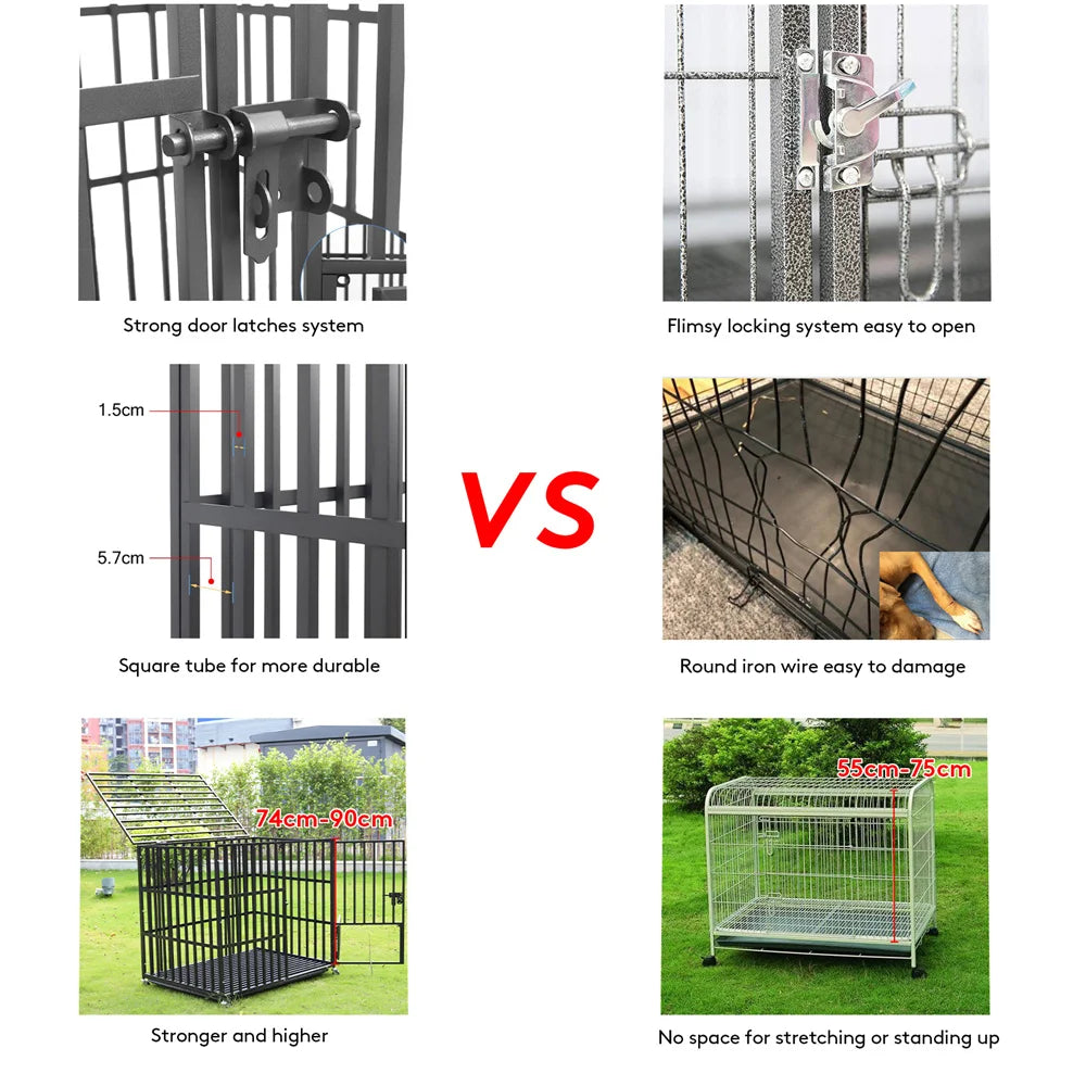 XXL Large Heavy Duty Dog Crate Strong Pet Cage Tear Resistant Square Tube Metal Kennel Playpen with Lockable Wheels and Tray