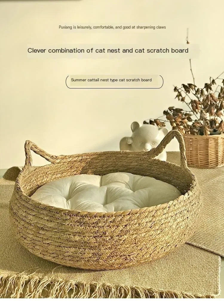 Pure hand-woven rattan cat nest four seasons universal warm pad removable washable winter pet supplies