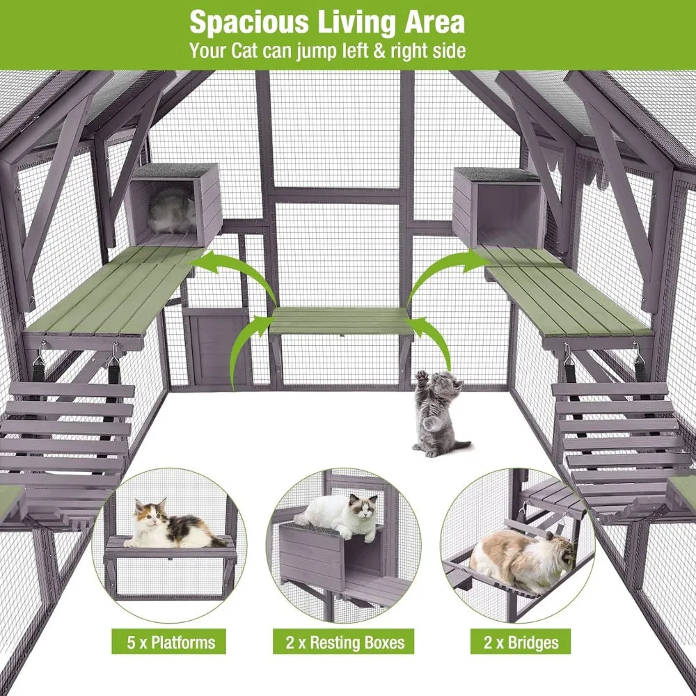 Large Cat Run Wooedn Cat Houses Outdoor Enclosure, Catio Cat Cage Kitten Condo-Backyard Run Cage for Pets, Weather Proof Cover-