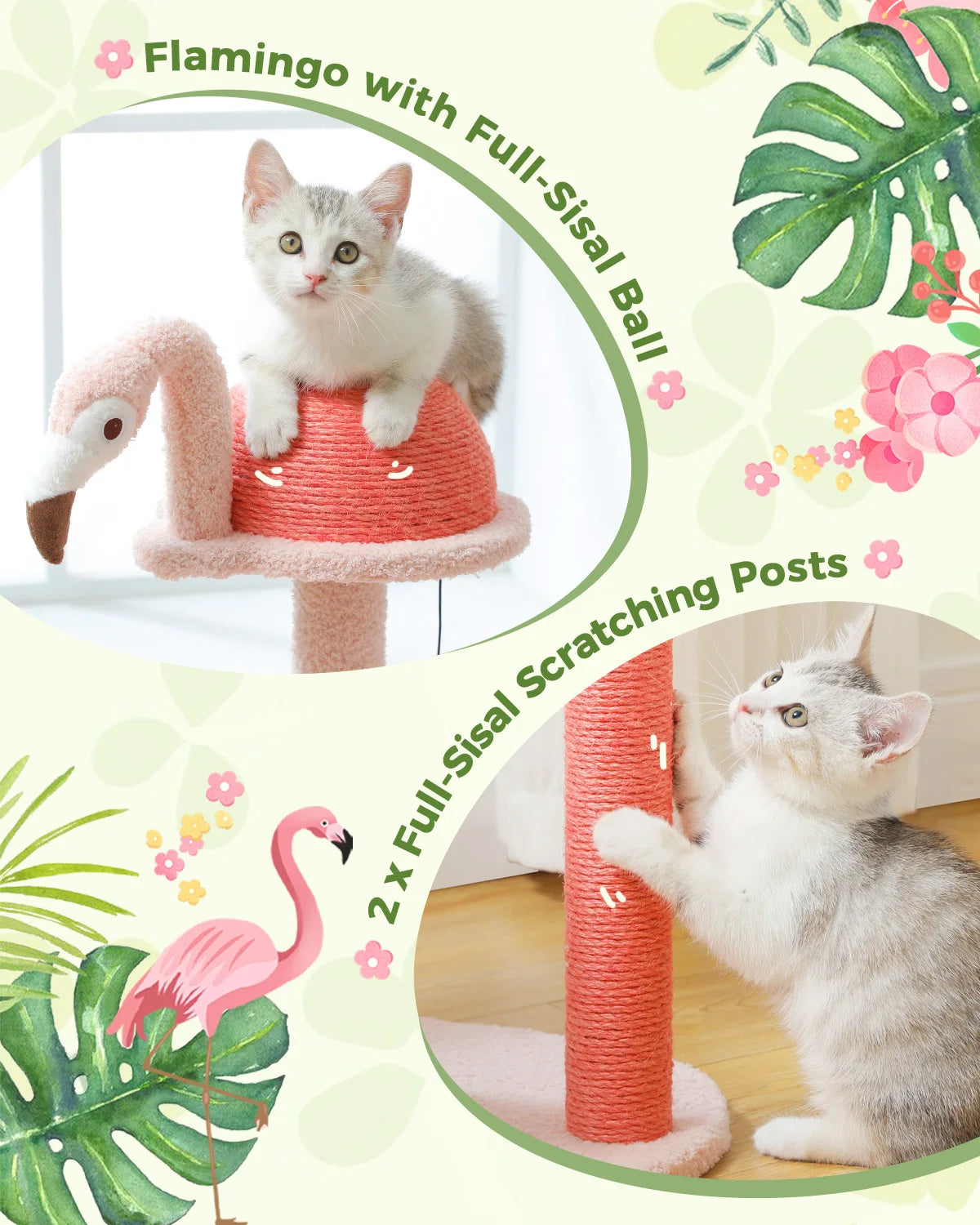 Multi-Level Flamingo Cat Tree with Scratching Posts, Hammock, Perch, Cute Cat Tower, Indoor Pink Cat Scratcher, Kittens Toys